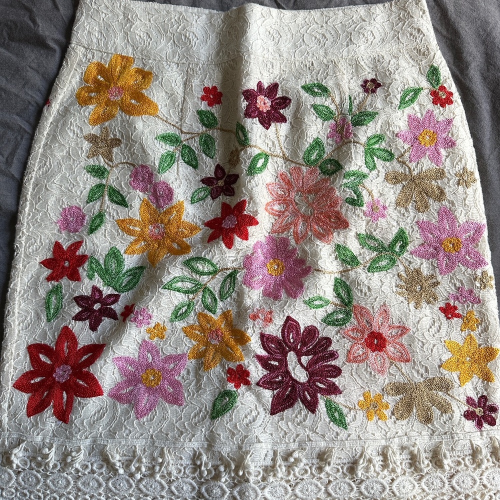 ANTHROPOLOGIE Maeve Embroidered Floral Knee-length Skirt w/ Zipper | Size: 2